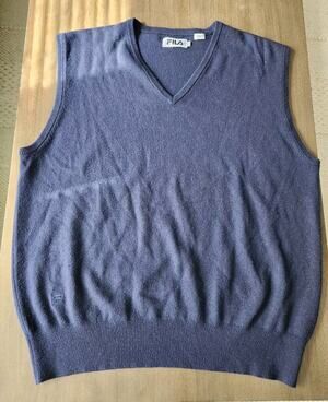FILA Silk Cashmere Blend Sweater Vest Men L Navy V Neck Super Soft EUC
